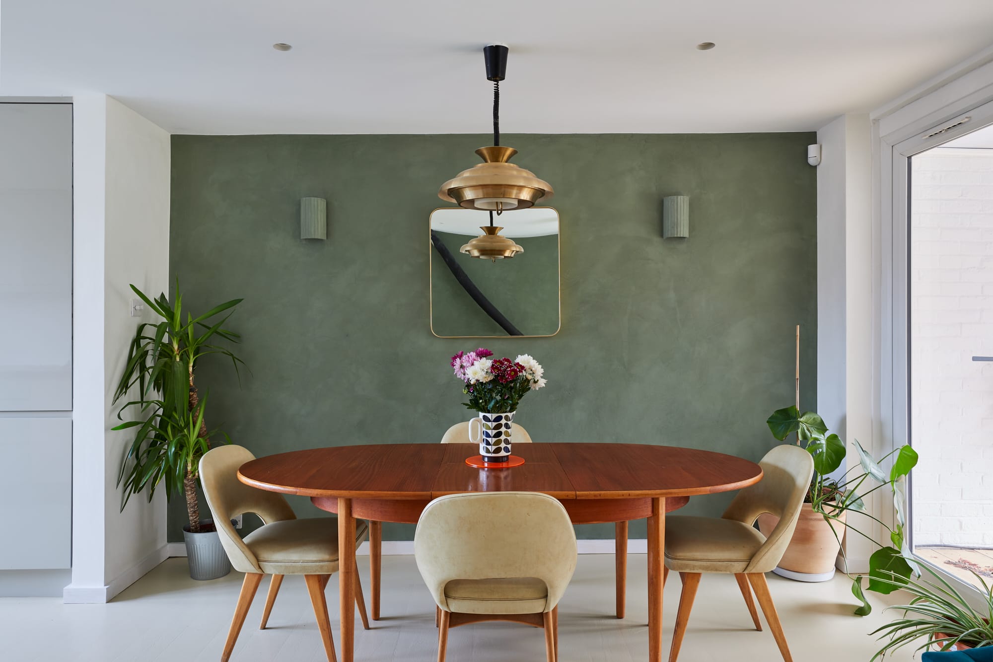 Sage green Venetian Plaster feature wall in dining room area
